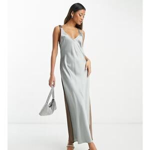 ASOS DESIGN Elasticated Back Satin Slip Midi Dress In Grey And Mocha Womens 4